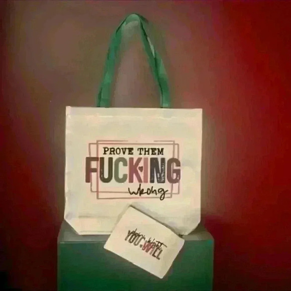 Home Made Handbags - Canvas Homemade Tote Bag/with a makeup bag (Prove Them F'n Wrong) Size 15.7x15